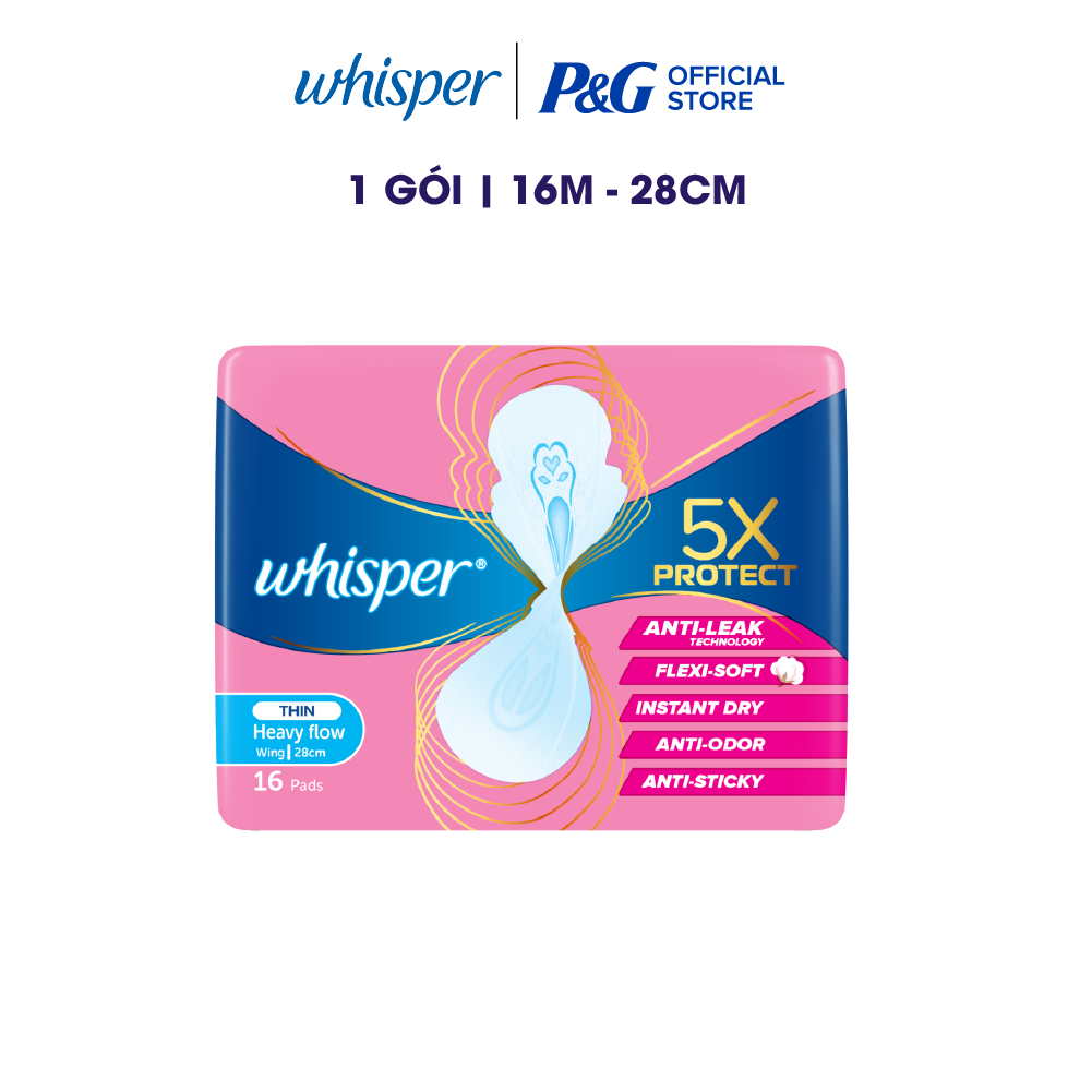 Băng Vệ Sinh WHISPER 5X Bảo Vệ Mặt Bông Siêu Mỏng Cho Ngày Nhiều Khô Thoáng Có Cánh 28cm, 16 Miếng