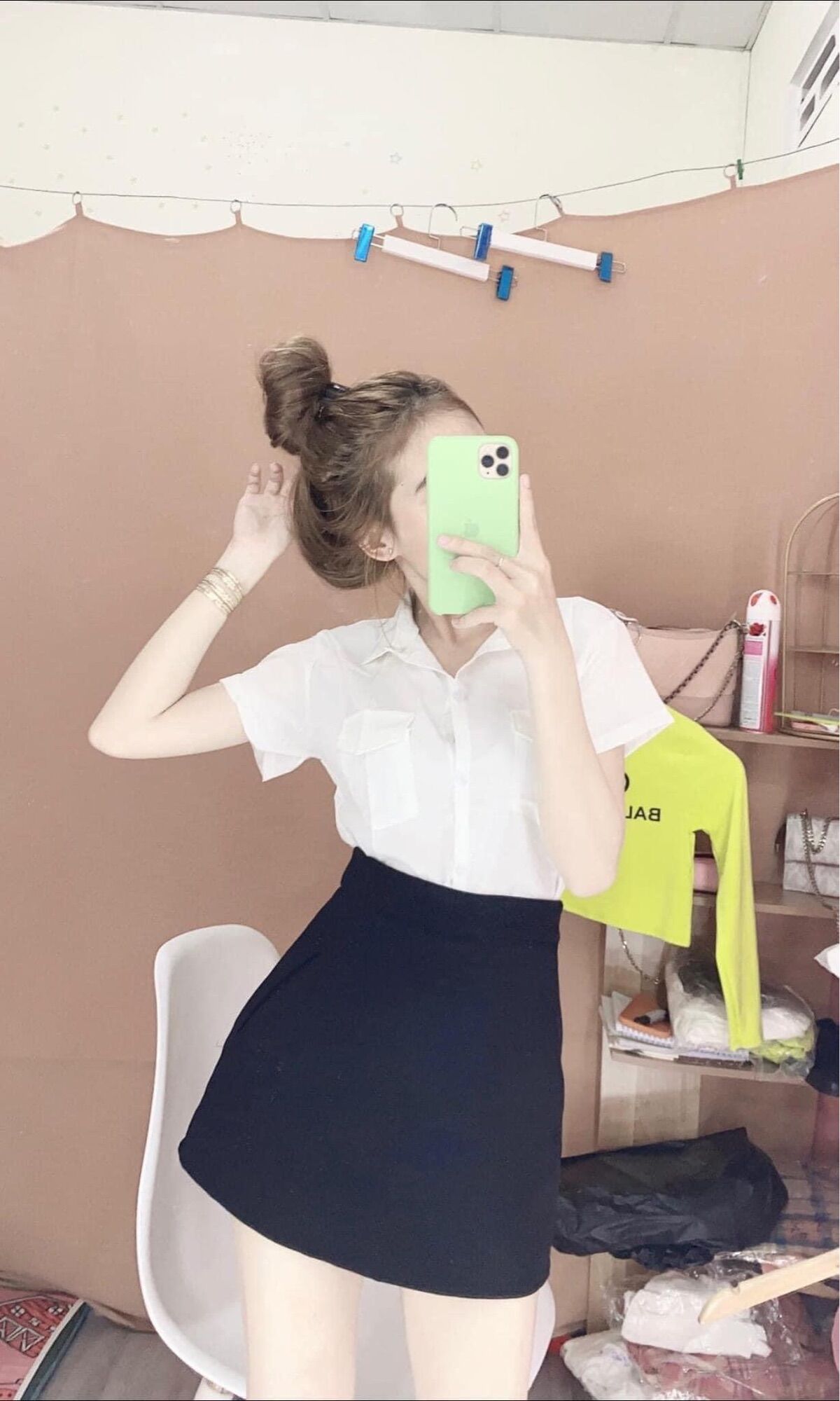 Set áo sơ mi phối chân váy A