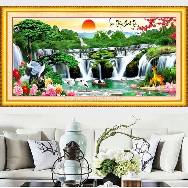 Tranh thêu chữ thập phong cảnh lưu thuỷ sinh tài / lv3315/ 160x75cm/ chưa thêu