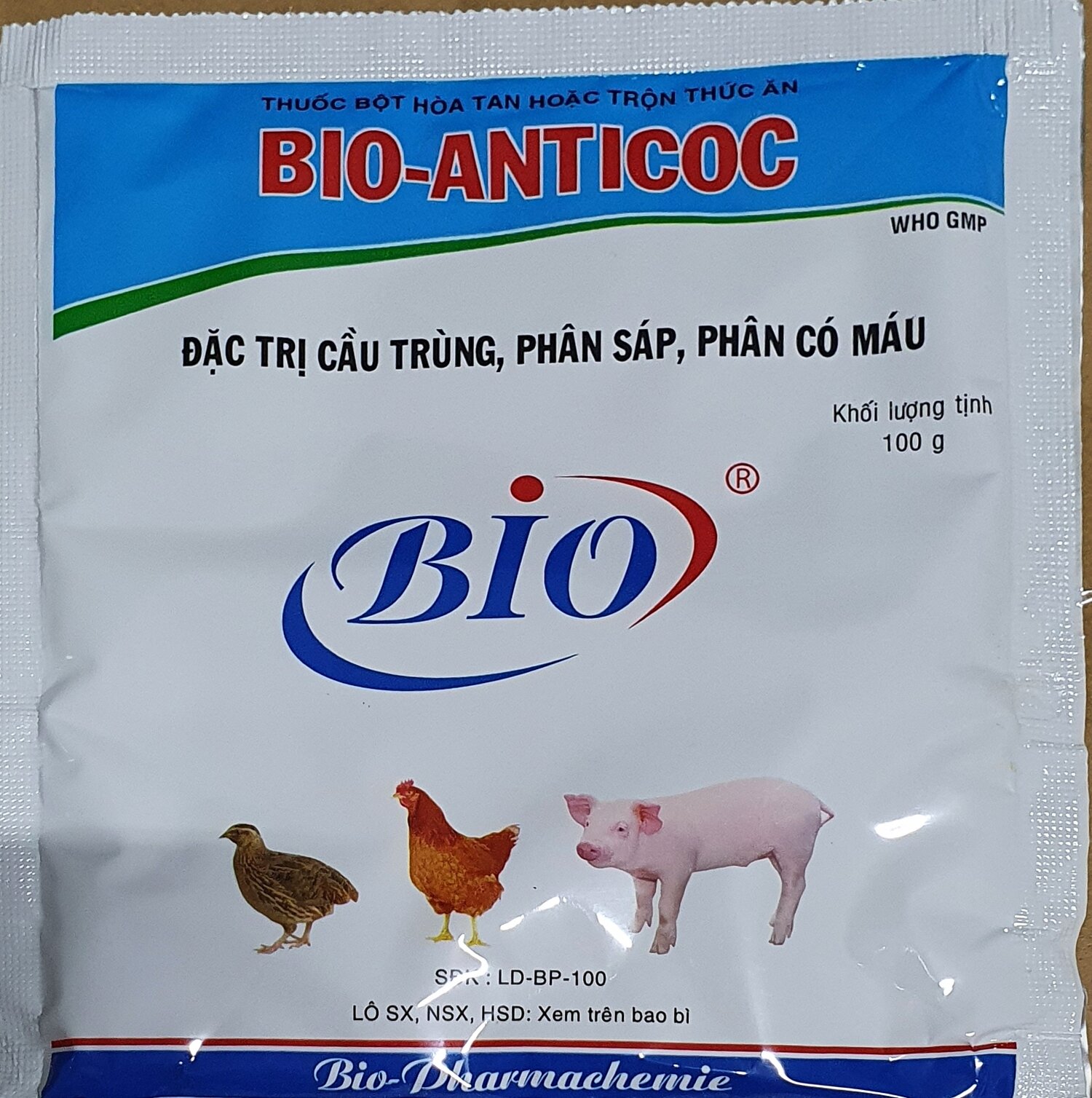 BIO ANTICOC GÓI 100G CẦU TRÙNG PHÂN SÁP, PHÂN CÓ MÁU CHO GÀ, CÚT HEO