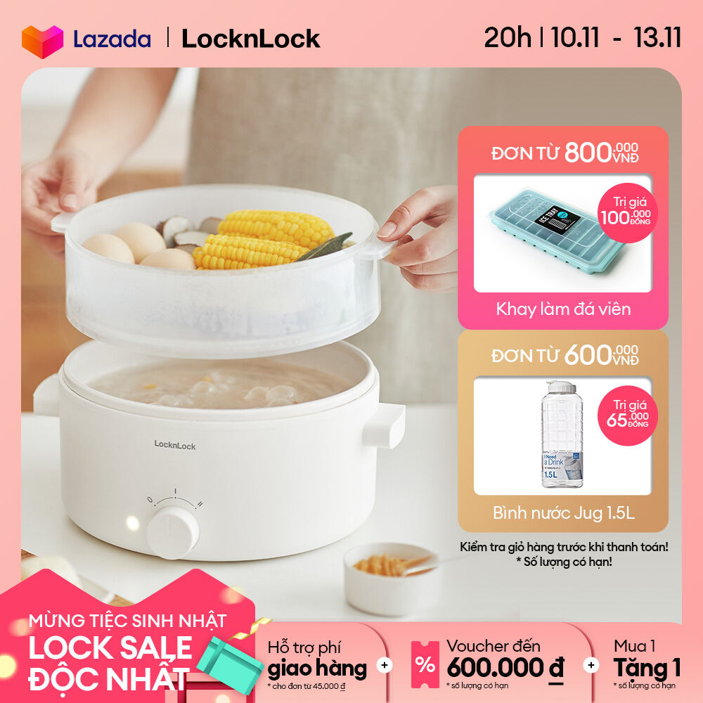 Nồi điện đa năng 2 tầng Bianco LocknLock Electric multipot -  Màu ngà 3L (EJP124IVY) & 5L(EJP134IVY) - 2 tầng, hấp trên nấu dưới, nắp trong suốt