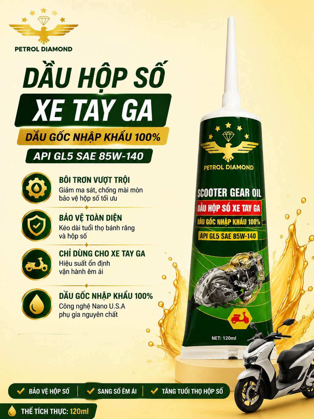 Dầu hợp số xe tay ga Petrol Diamond API GL5 SAE 85W-140 120ml