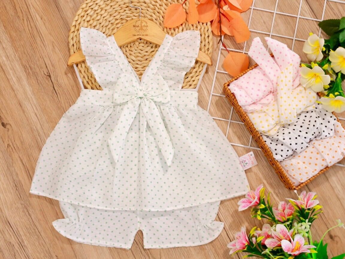 [HCM]Set đồ bộ cho bé gái ?hình bi xinh đính nơ viền bèo cực xinh vải voan thái mềm mại, thoáng mát từ 3-16kg (nhiều màu)
