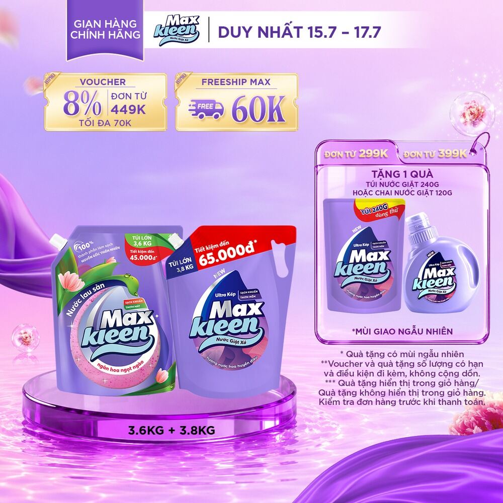 Combo Túi Nước Lau Sàn MaxKleen 3.6kg Ngàn hoa ngọt ngào + Túi Nước Giặt Xả MaxKleen 3.6kg/3.8kg (Hoa Nắng/Huyền Diêu/Vườn Sớm Mai/Thiên Nhiên)