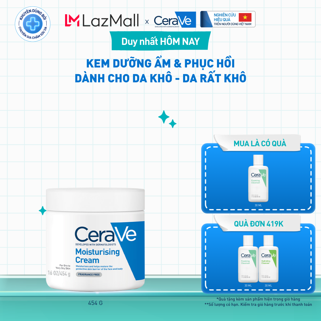 Kem dưỡng ẩm phục hồi sâu và ẩm mịn suốt 48H dành cho da khô, duy trì hàng rào bảo vệ da CERAVE MOISTURISING CREAM 454G