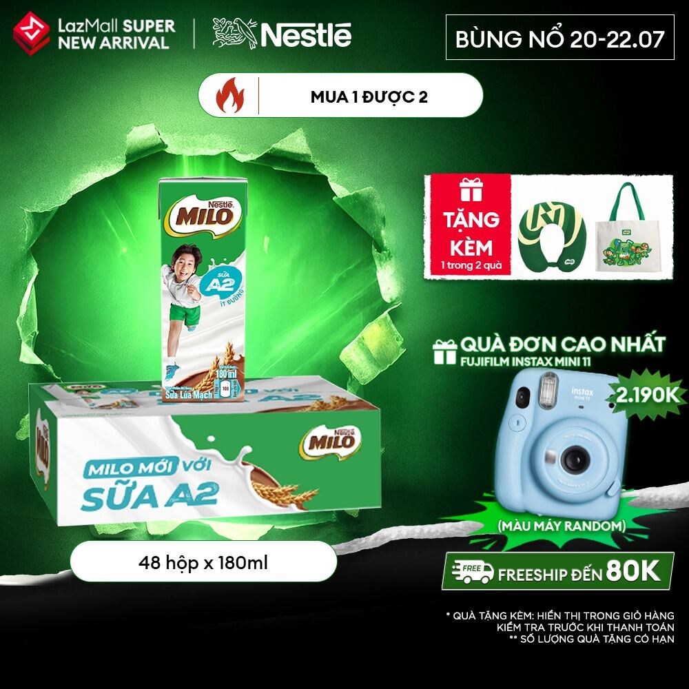 [ƯU ĐÃI THÁNG 7][Giao hàng toàn quốc] Thùng Sữa Lúa Mạch Nestle MILO A2 MỚI 48 hộp (4x180ml)