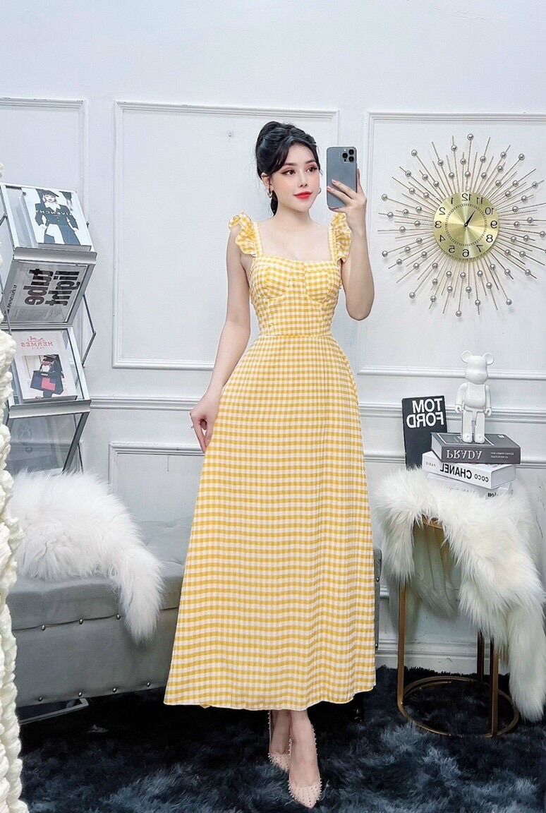 Đầm maxi caro cánh tiên có mút.