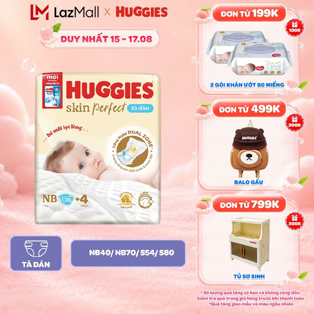 Tã/Bỉm Dán Sơ Sinh Huggies Skin Perfect NB/S/M với 2 Vùng Thấm Giảm Kích Ứng Da