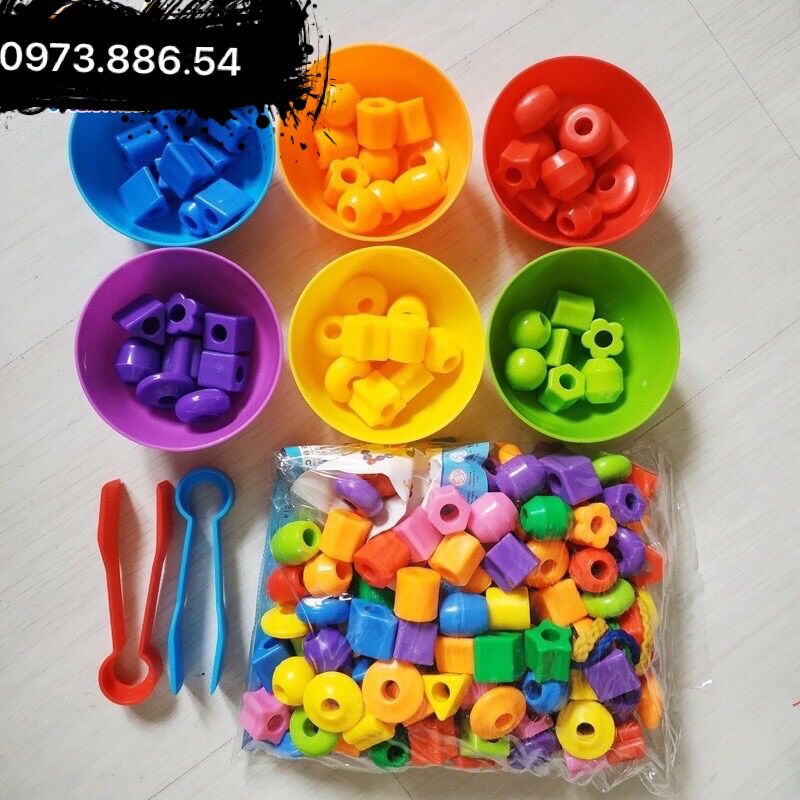 Set 6 bát + 2 kẹp gắp pompom, xâu hạt cho bé tập gắp và phân loại màu sắc