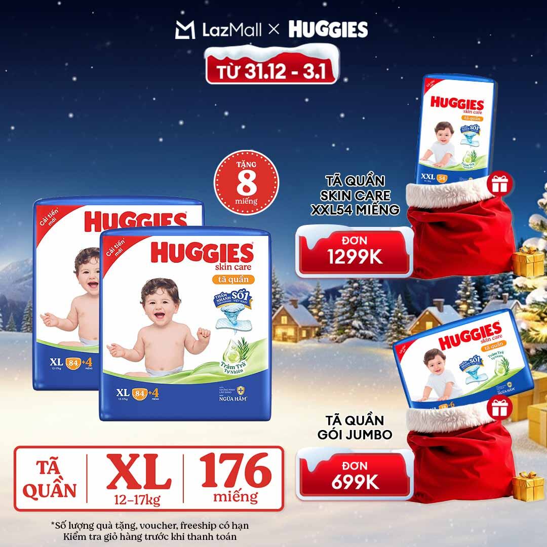 CHỈ 20h 31.12-03.01 GIẢM THÊM 90K Combo 2 Gói Tã bỉm quần HUGGIES SKINCARE MEGA JUMBO size XL84+4 miếng