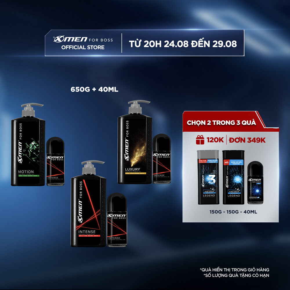 Combo sữa tắm x-men for boss intense / luxury / motion 650g + lăn khử mùi x-men for boss intense 40ml