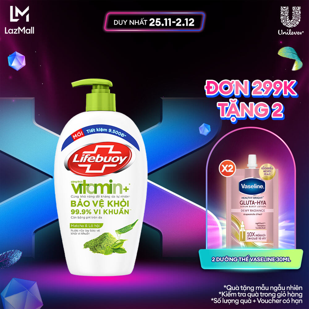 Nước Rửa Tay Lifebuoy Công thức Vitamin+ Matcha & Lô Hội Chai 450g