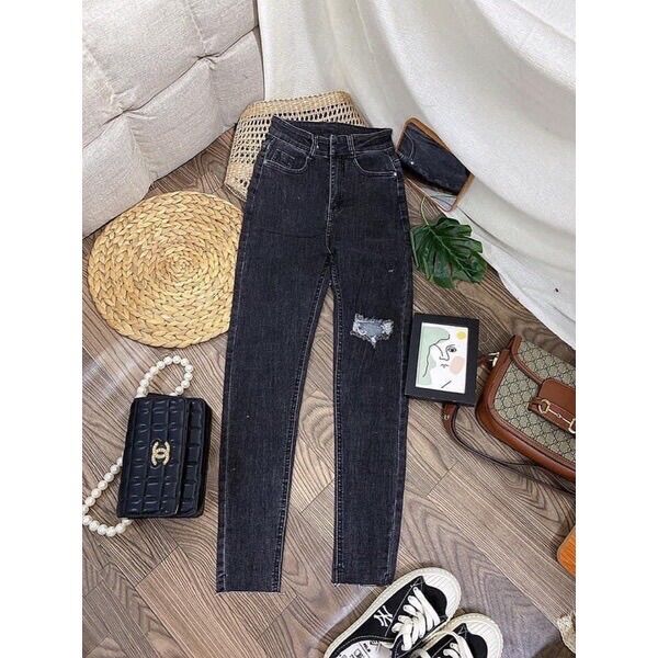quần cạp cao chất denim co giãn rách