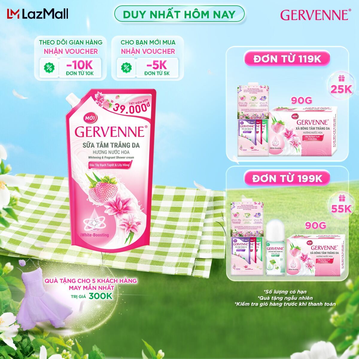 Túi sữa tắm trắng da Gervenne hương Dâu Tây Bạch Tuyết & Lily Hồng 900g