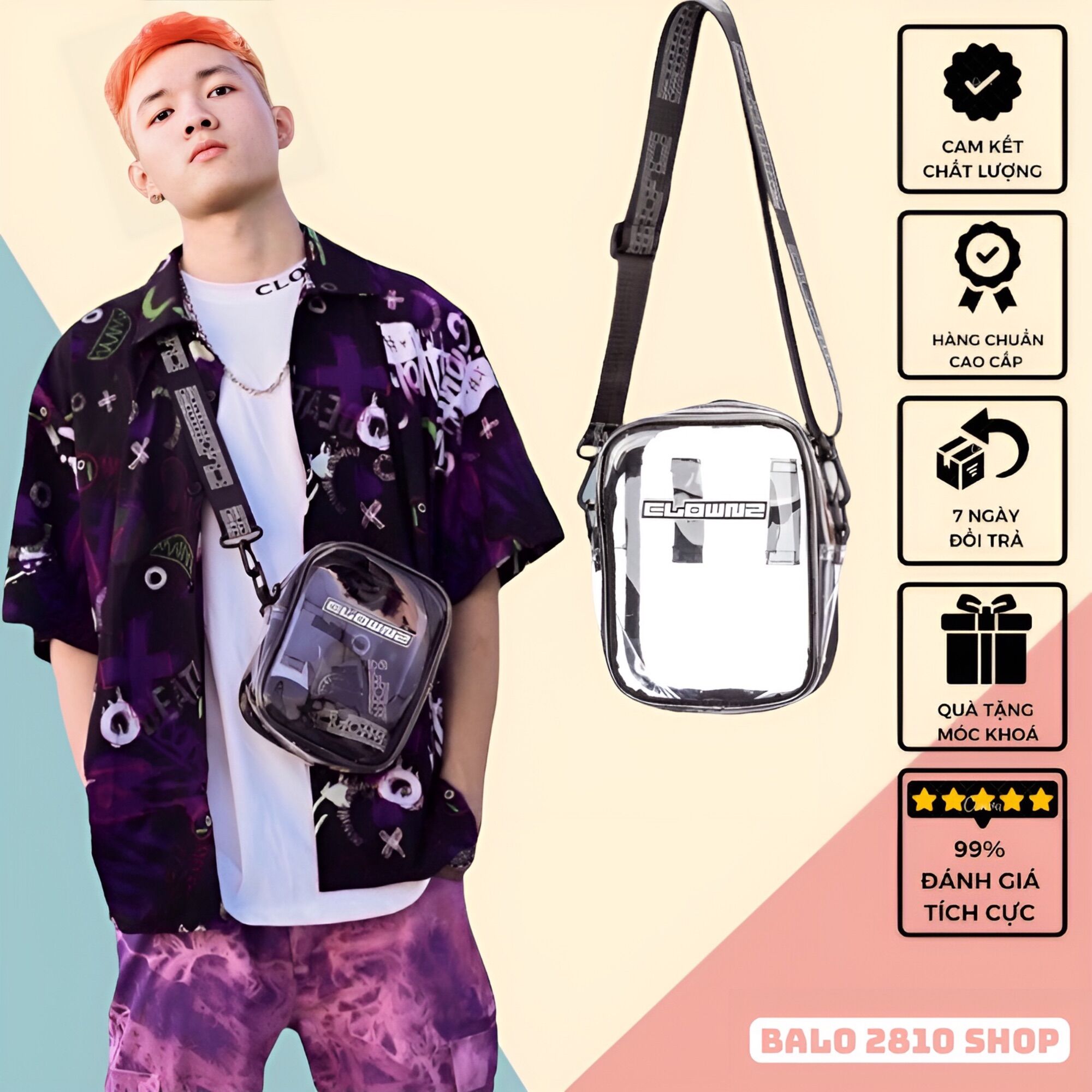 Túi Đeo Chéo Clownz Plastic Cao Cấp Chống Nước - Tặng Kèm Móc Khóa Cute - Túi Đeo Chéo Đi Học Đi Chơi Clownz Nhựa Cao Cấp Ulzzang Unisex