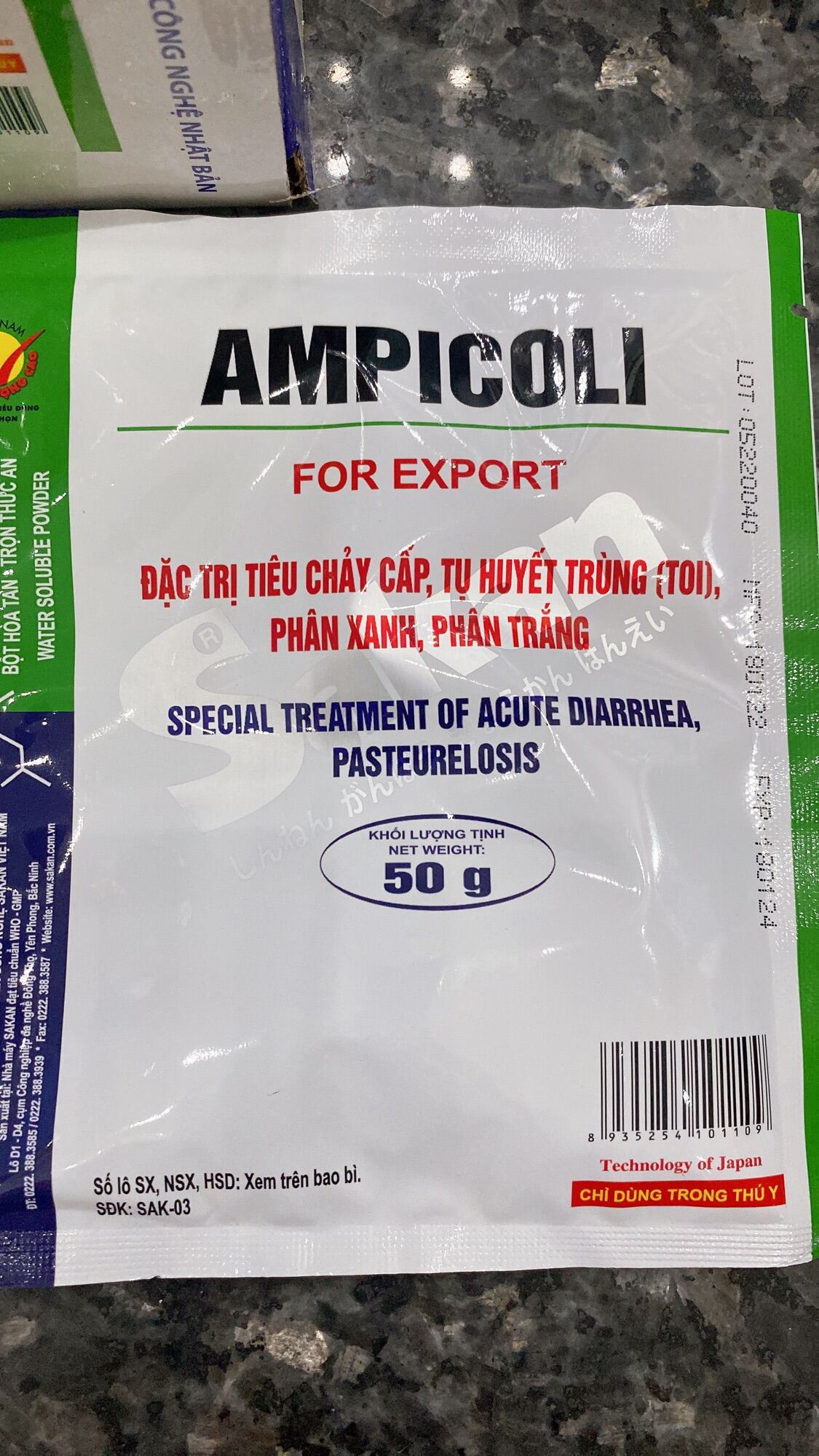[ THÚ Y ] 1 gói AMPICOLI SAKAN 50g dùng cho tiêu chảy cấp, tụ huyết trùng, phân xanh, phân trắng trên gà vịt ngan, heo, bê, nghé