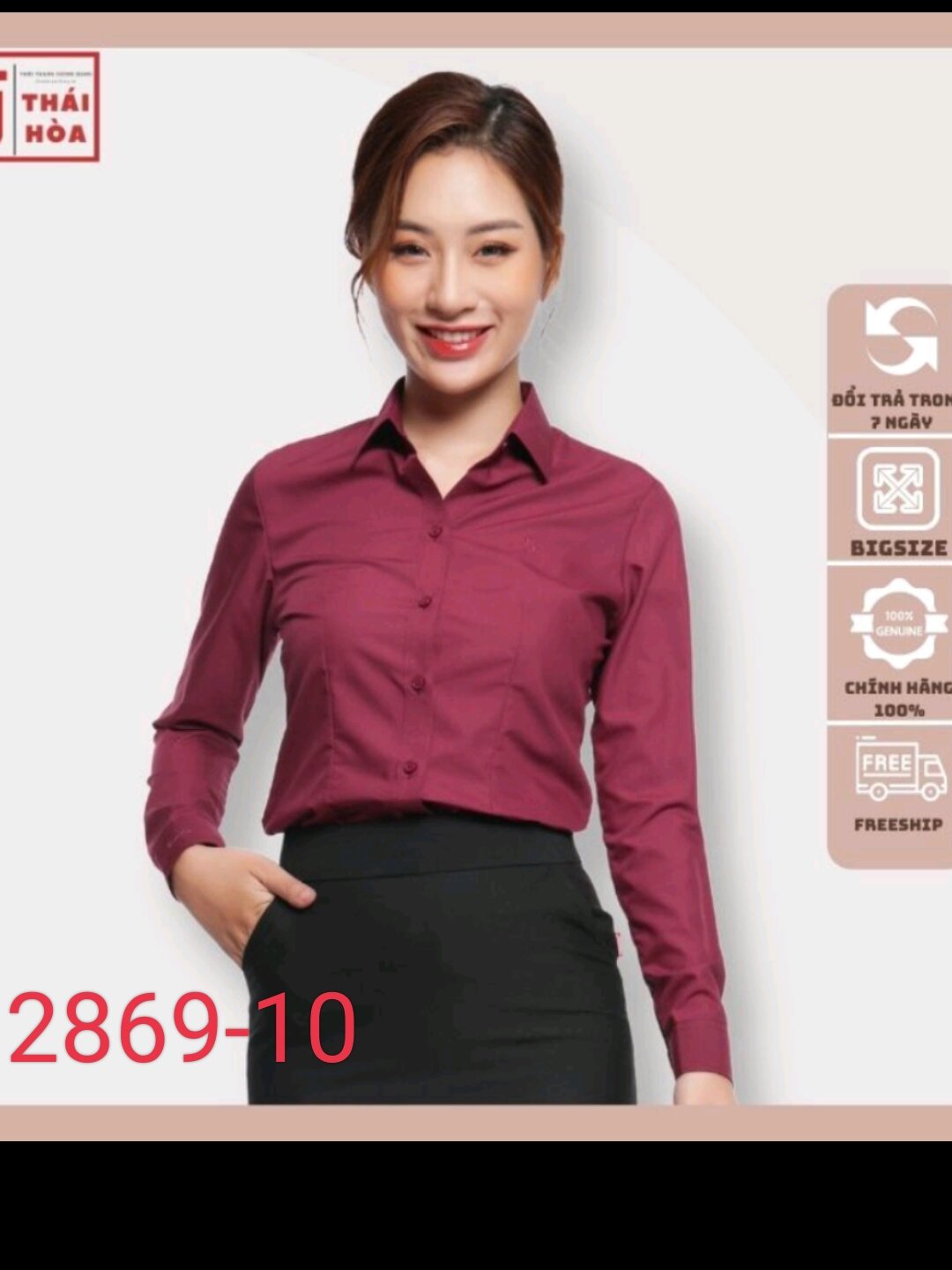 Áo sơ mi nữ Thái Hòa màu đỏ đô đậm vải co giãn