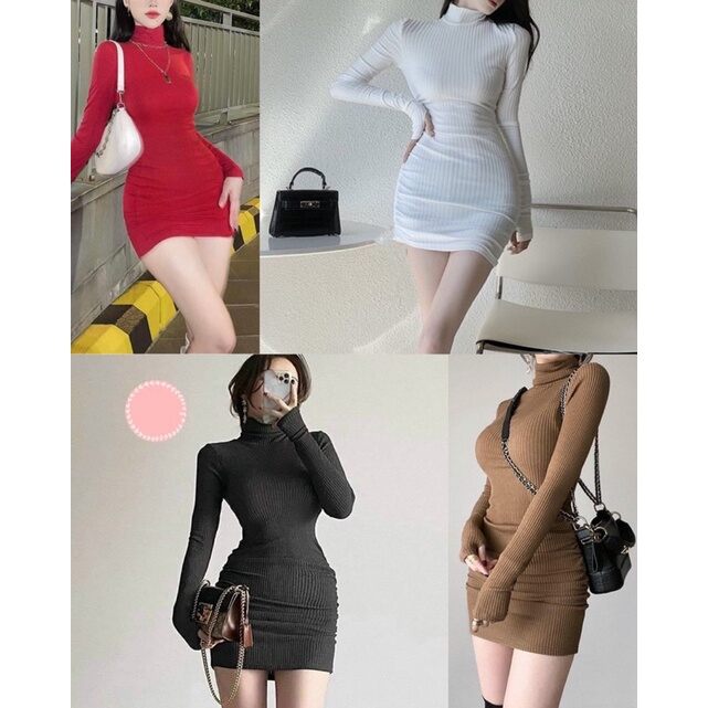 Đầm body cổ cao tay dài chất thun gân
