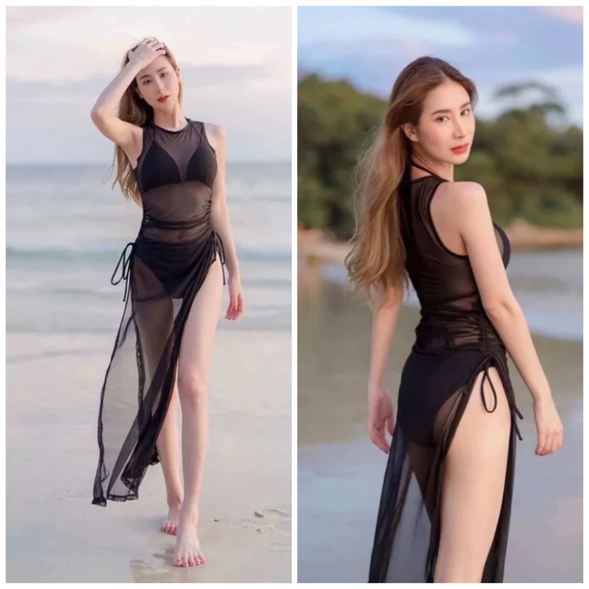Áo lưới dài xẻ tà phối cùng bikini