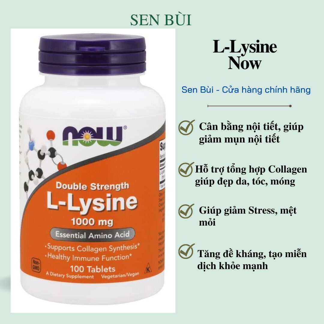 Viên uống L-Lysine Now giảm mụn nội tiết, tổng hợp Collagen, Now L-Lysine