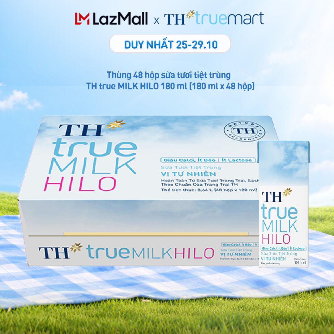 Thùng 48 hộp sữa tươi tiệt trùng TH true MILK HILO vị tự nhiên 180 ml (180 ml x 48)