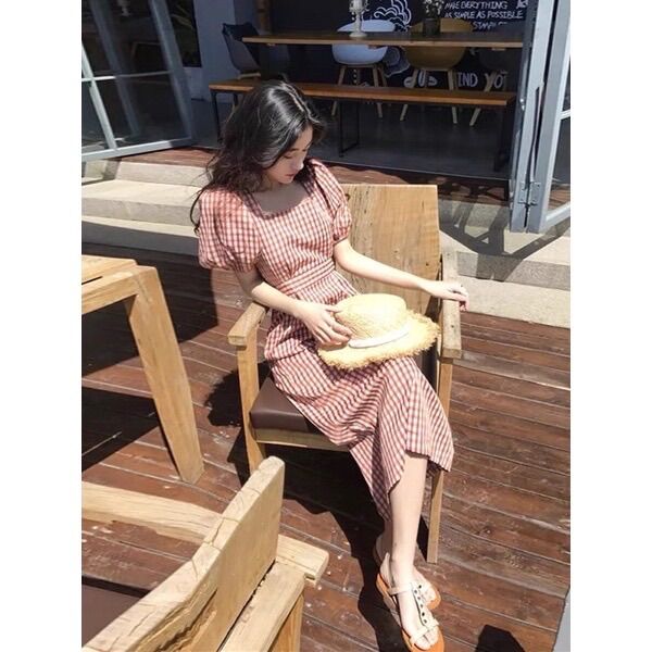 Đầm caro đỏ dáng dài dịu dàng CR99