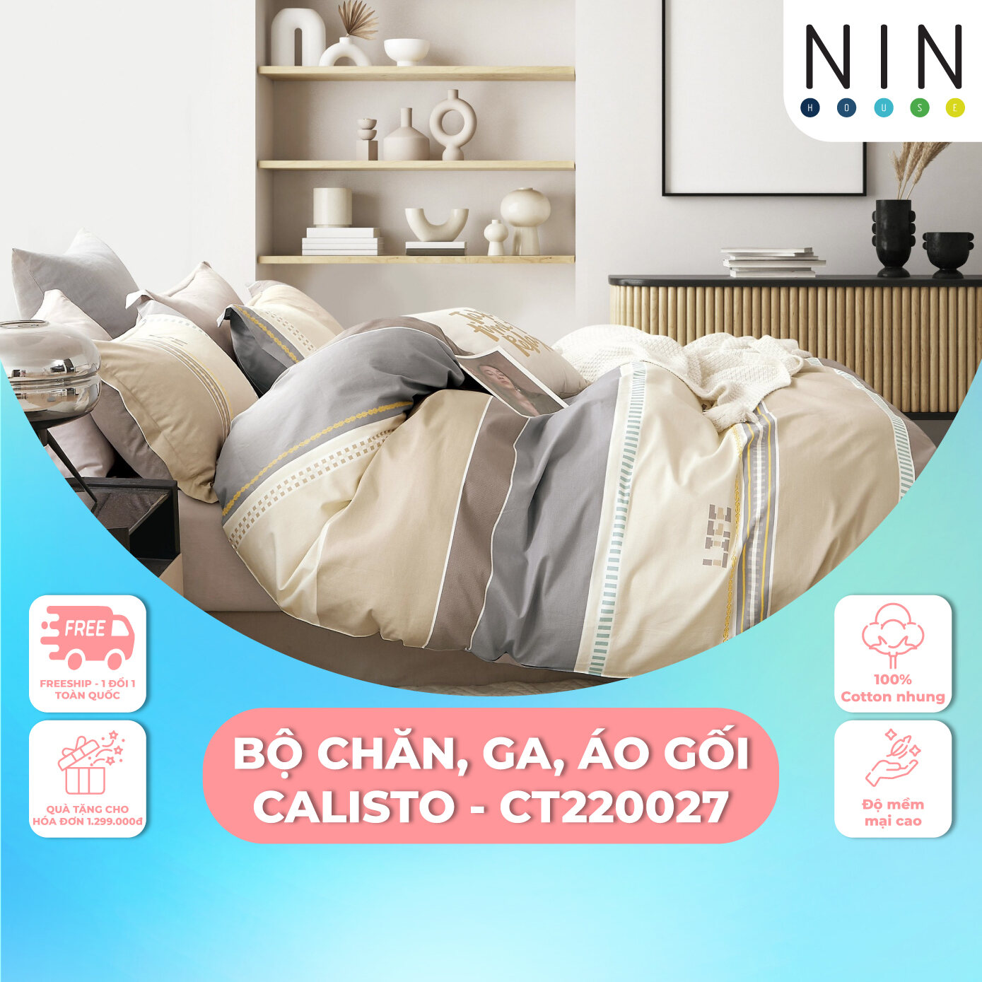 Bộ DRAP, áo gối kèm MỀN chần NIN Calisto CT220027 cotton nhung đủ kích thước 1m6, 1m8, ga bo chun bọc nệm