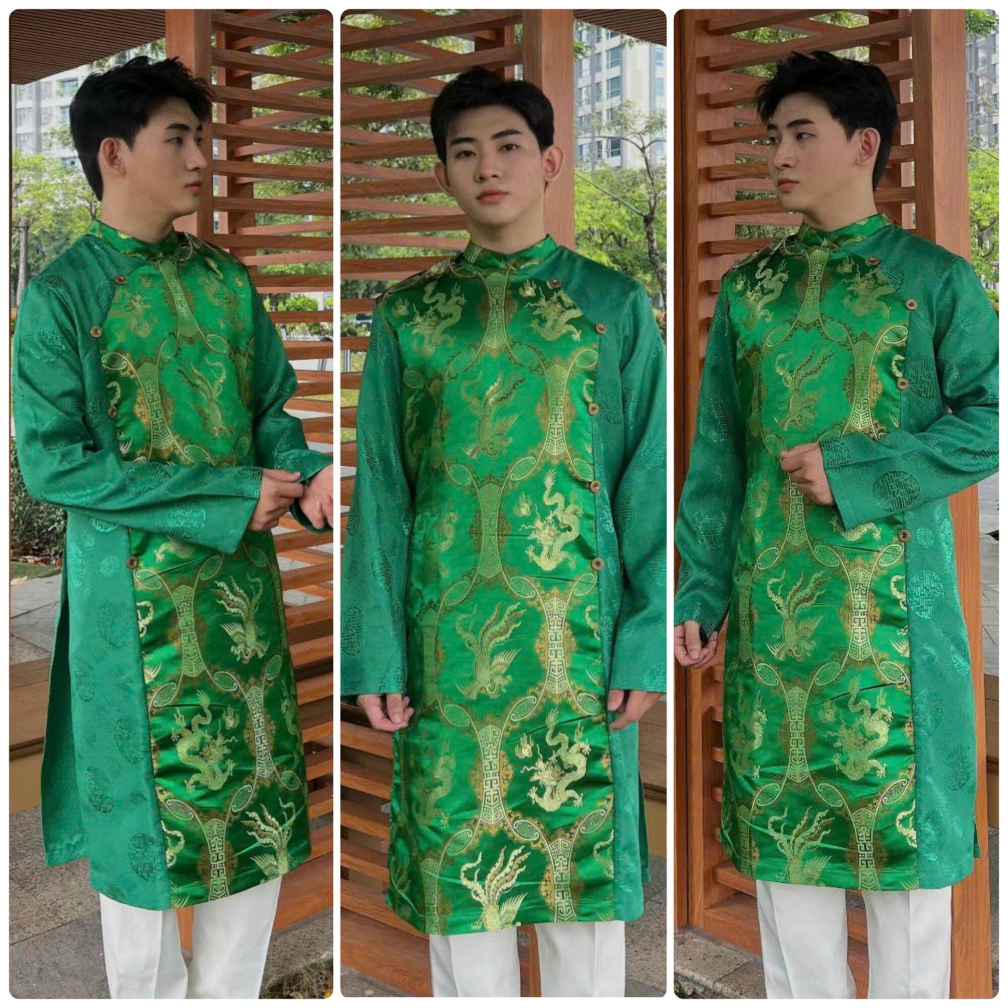 Áo dài gấm cách tân nam xanh lá MS001