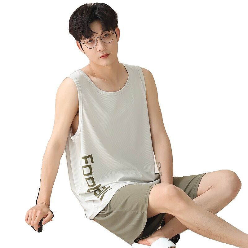 Bộ Đồ Ngủ Cotton Nguyên Chất Ice Silk Cho Nam Mùa Hè Không Tay Áo Vest Ngắn Quần Short Trẻ Em Trai M