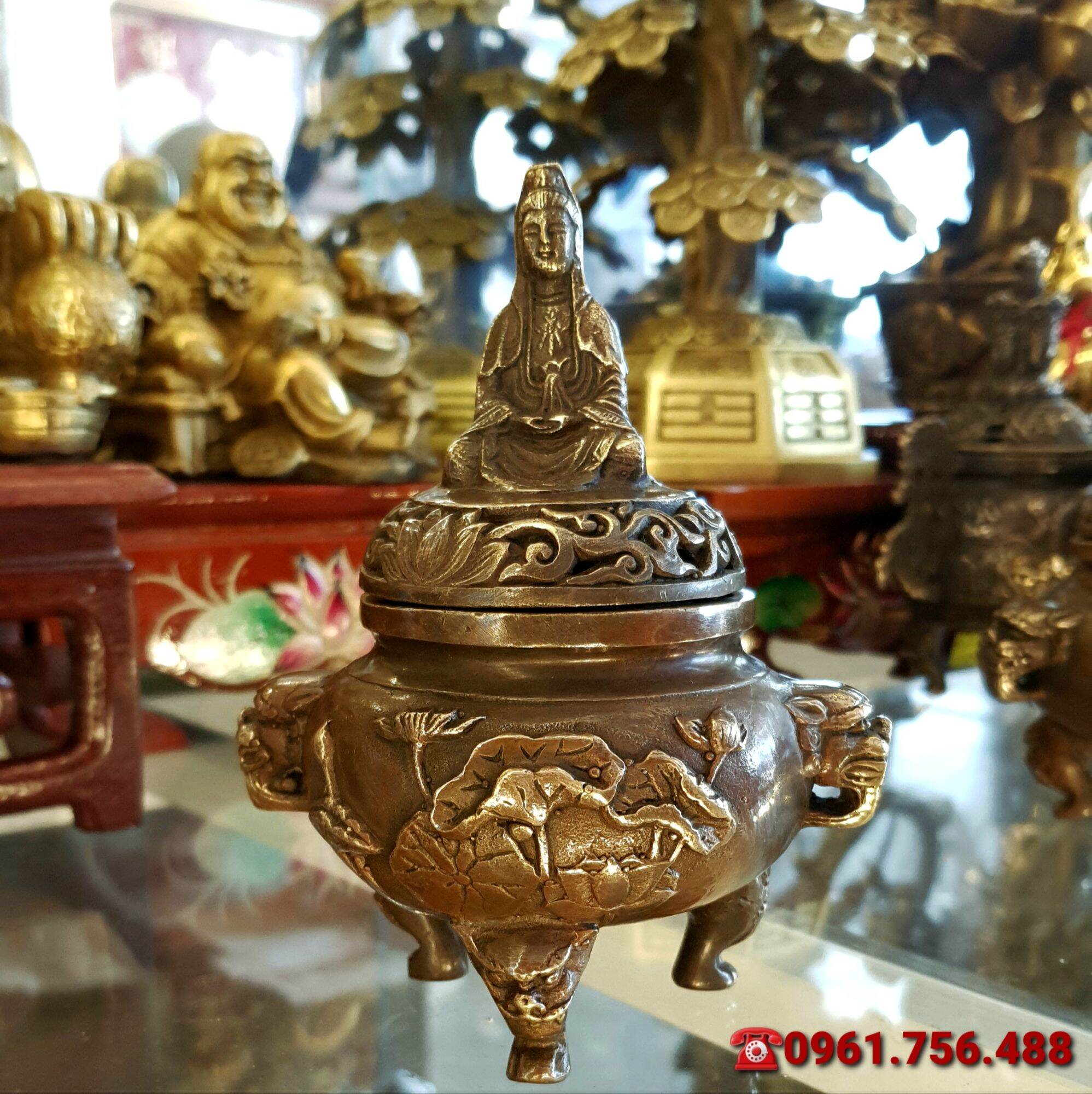 Lư đồng xông trầm nắp Phật Quan Âm 14cm