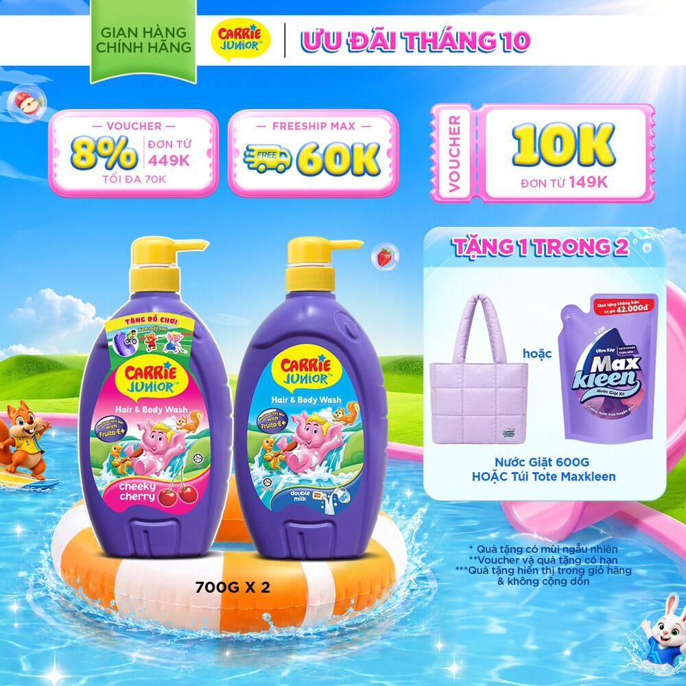Combo 2 chai Sữa Tắm Gội cho bé Carrie Junior 700g/chai: 1 Hương Cherry + 1 Tinh Chất Sữa