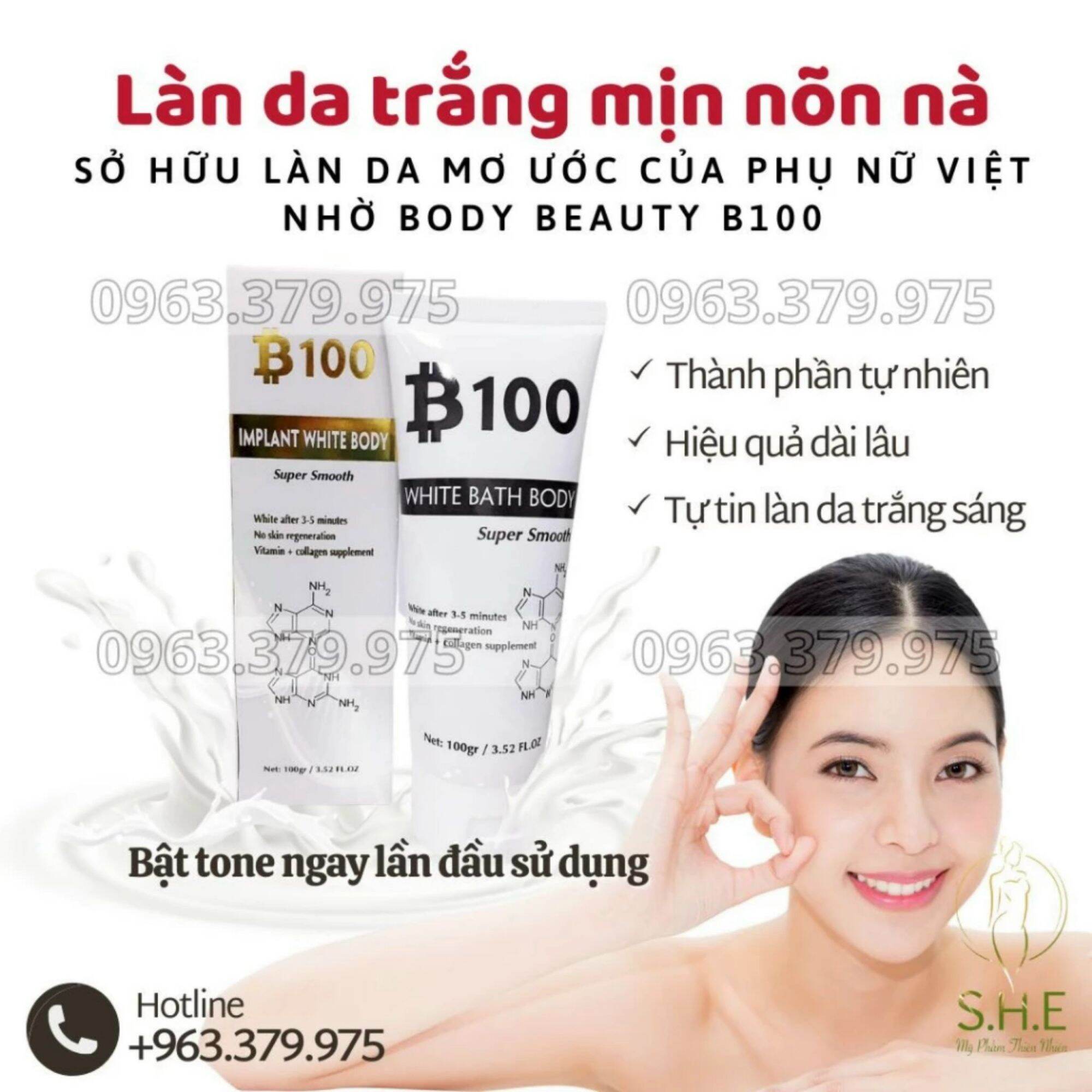 Kem tắm trắng B100, ủ trắng face & Body tắm là trắng, giúp nuôi dưỡng làn da trắng hồng tự nhiên