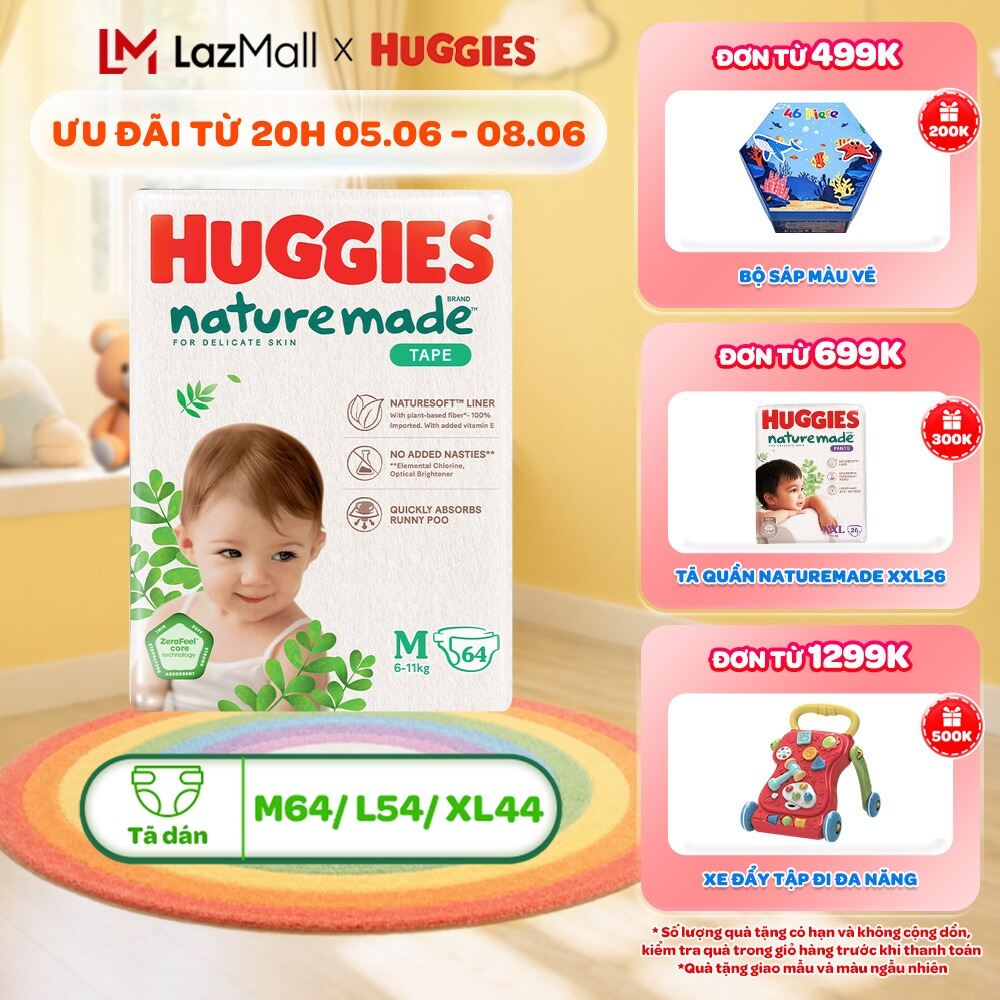 Tã/Bỉm dán Huggies NatureMade NB60/S82/M64/L54/XL44