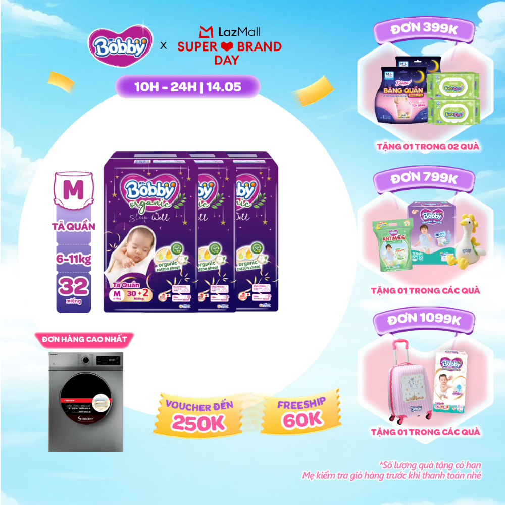 [SALE GIỮA THÁNG tặng QUÀ TO-SLCH][Combo 3] [MỚI RA MẮT] [Tặng kèm 2 miếng] Tã Quần Cao Cấp Ban Đêm Bobby Organic Sleep Well  - Size M30+2