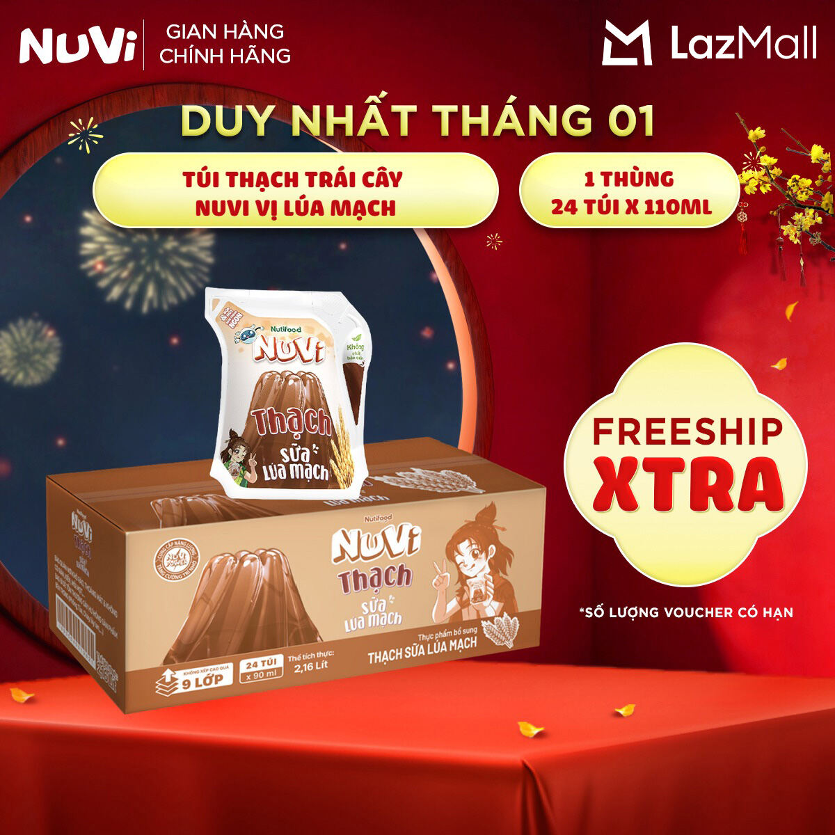 Thùng 24 Túi Thạch Lúa Mạch NuVi Vị Cacao 110ml