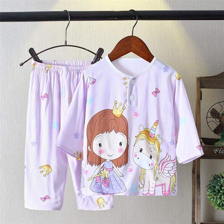 Đồ Ngủ Trẻ Em Lụa Cotton Mùa Hè Bộ Đồ Bé Trai Bộ Đồ Mặc Nhà Điều Hòa Bé Gái Mỏng Tay Dài Lụa Thô Bé Gái Em Bé
