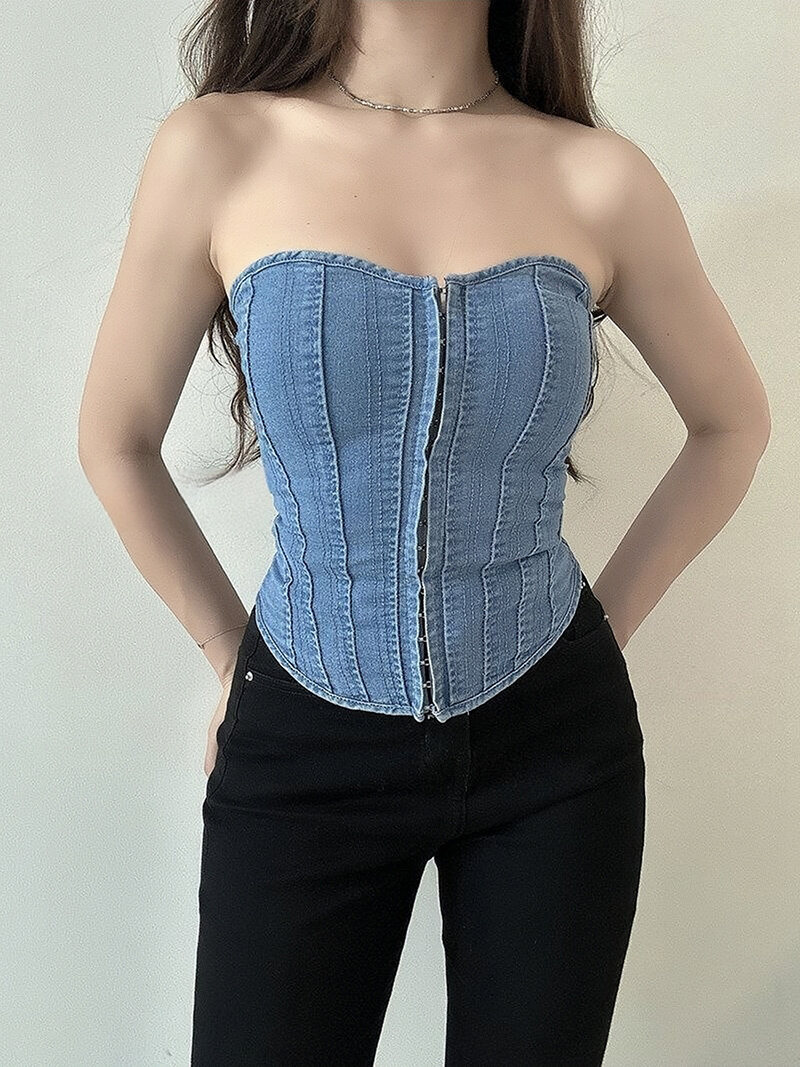 Nữ Y2k Nút Lên Denim Áo Top Dây Gợi Cảm Sóng Cổ Xương Cá Slim Fit Cotton Bể Xuân/Hè