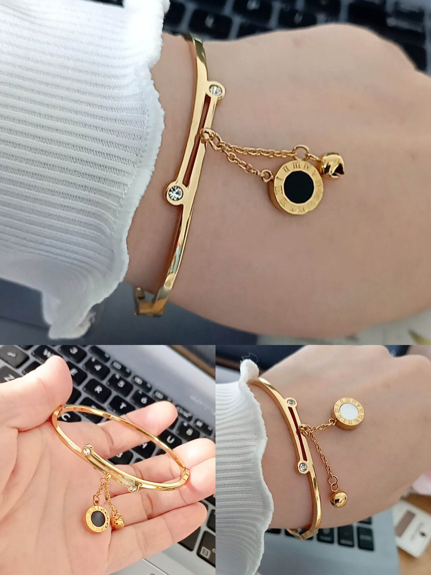 Vòng tay nữ vòng tay titan mạ vàng mặt la mã trắng và đen