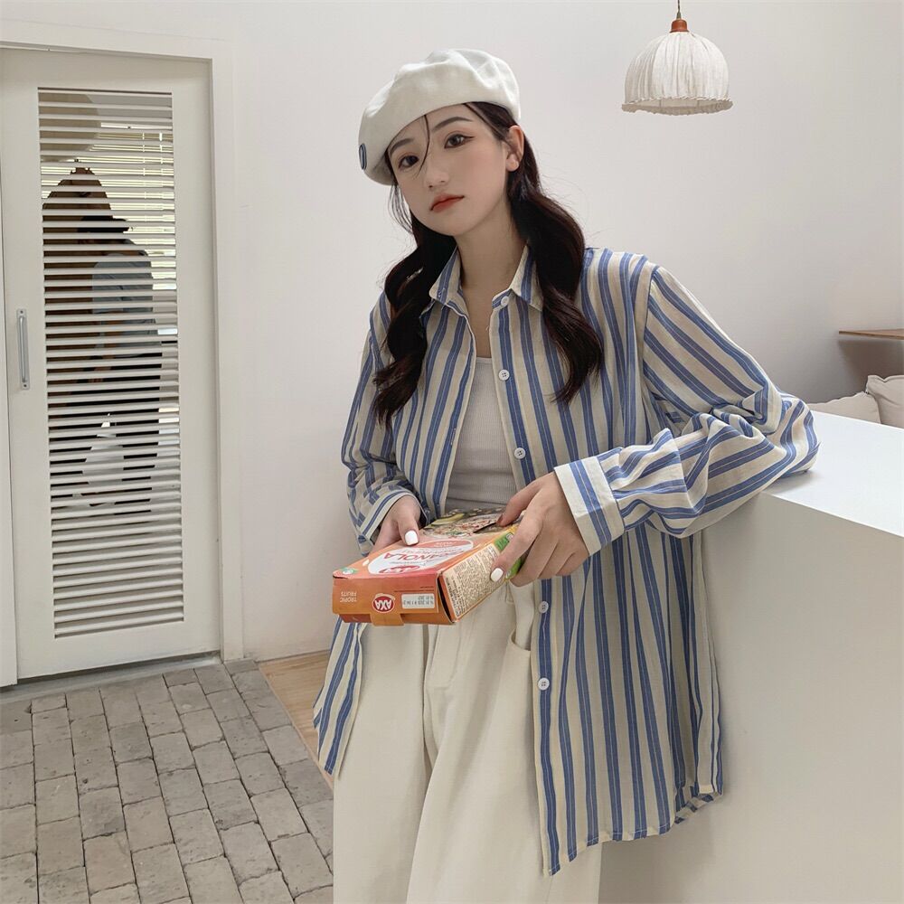 Áo sơ mi đũi kẻ sọc basic dáng rộng - Lumii