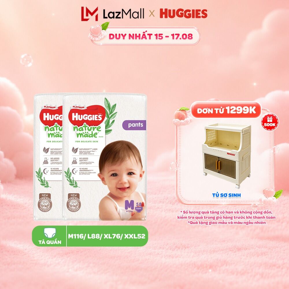 Combo 2 Tã/Bỉm quần Huggies NatureMade Platinum M58/ L44/XL38/XXL26/XXXL28