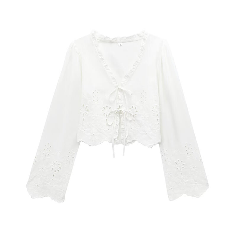 Áo Sơ Mi Cotton Tay Dài Cổ Chữ V Thắt Nơ Ngắn Thêu Thời Trang Xuân Mới Về Áo Sơ Mi Nữ Chất Liệu Cott