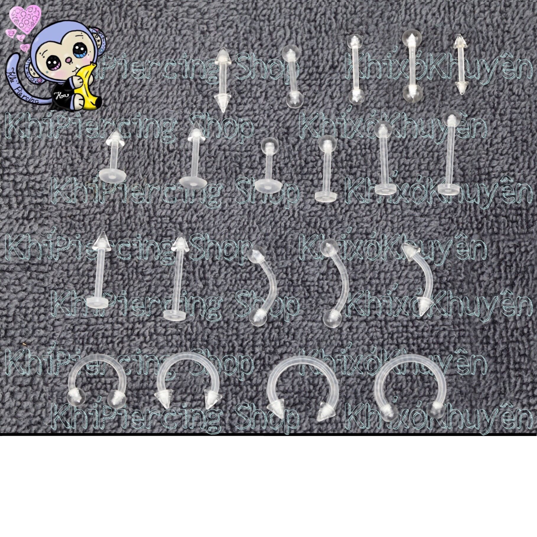 Khuyên Tai  lông mày  môi  lưỡi trong suốt bằng nhựa ( 1 CHIẾC )