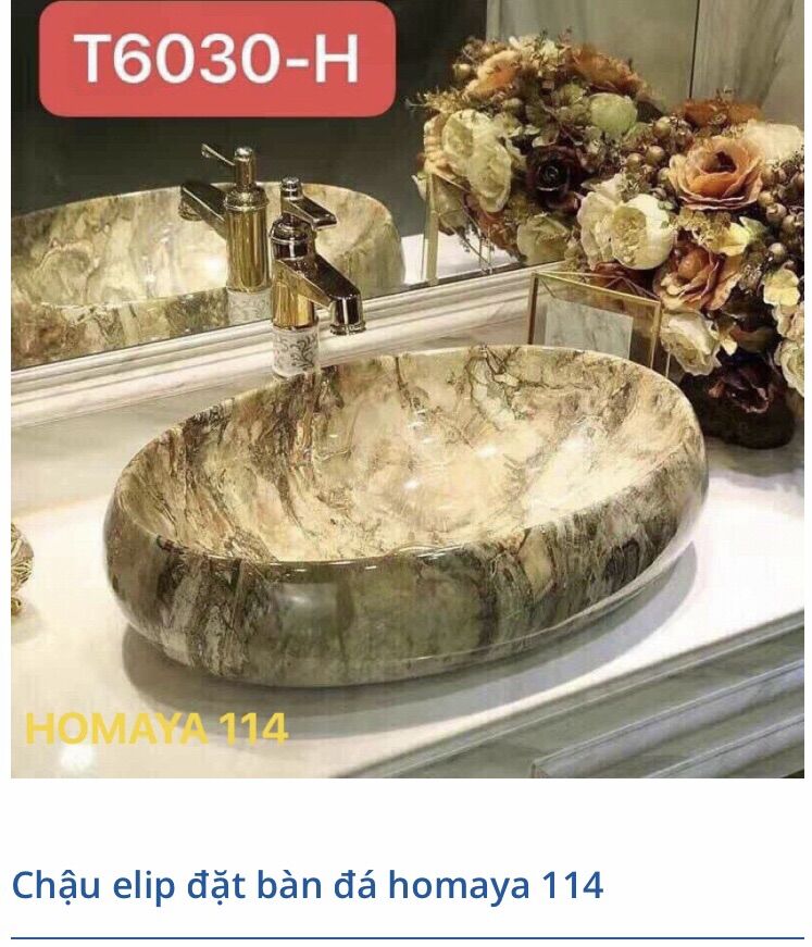 Chậu rửa mặt đặt bàn đá, chậu Lavabo đặt bàn đá hình elip Homaya cao cấp