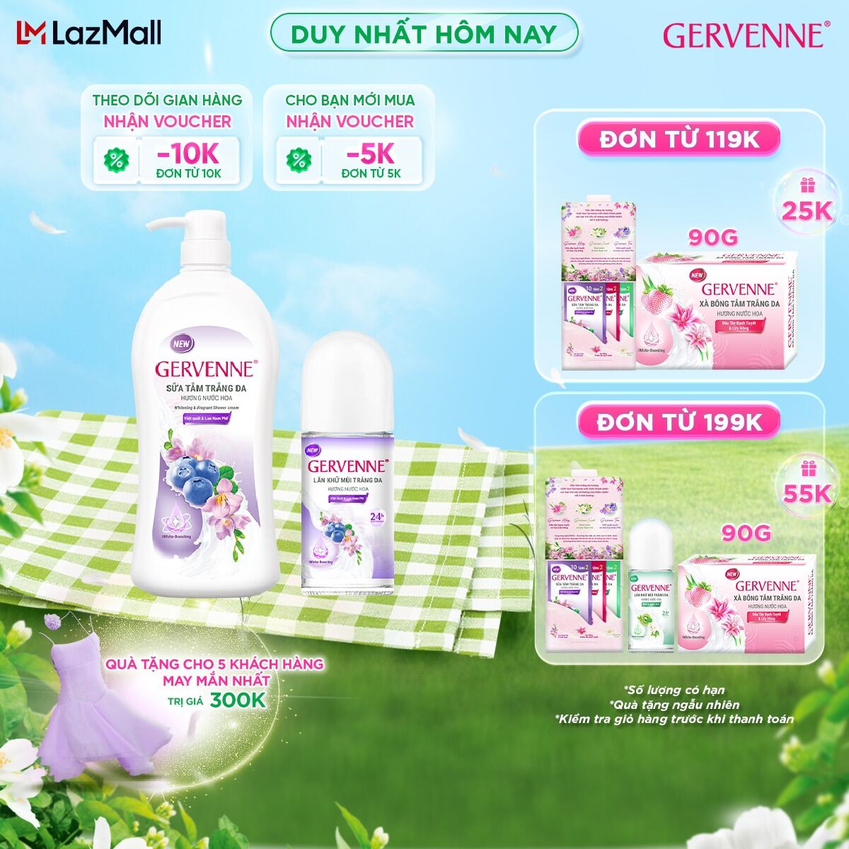 Combo Sữa tắm trắng da Gervenne 1.2L và Lăn khử mùi trắng da hương Việt Quất và Lan Nam Phi 50ml