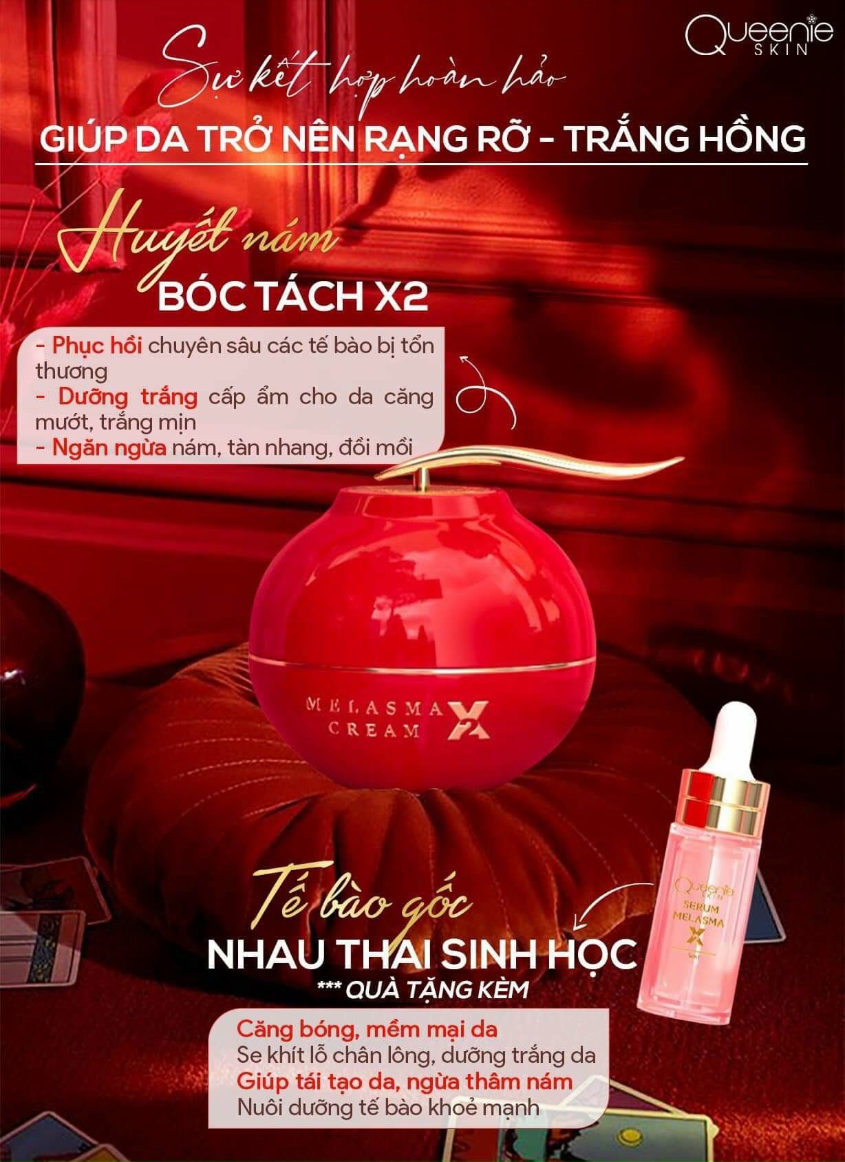 KEM HUYẾT NÁM BÓC TÁCH X2 NÁM TÀN NHANG QUEENIE SKIN tặng kèm sirum nhau thai sinh học hỗ trợ xoá nám