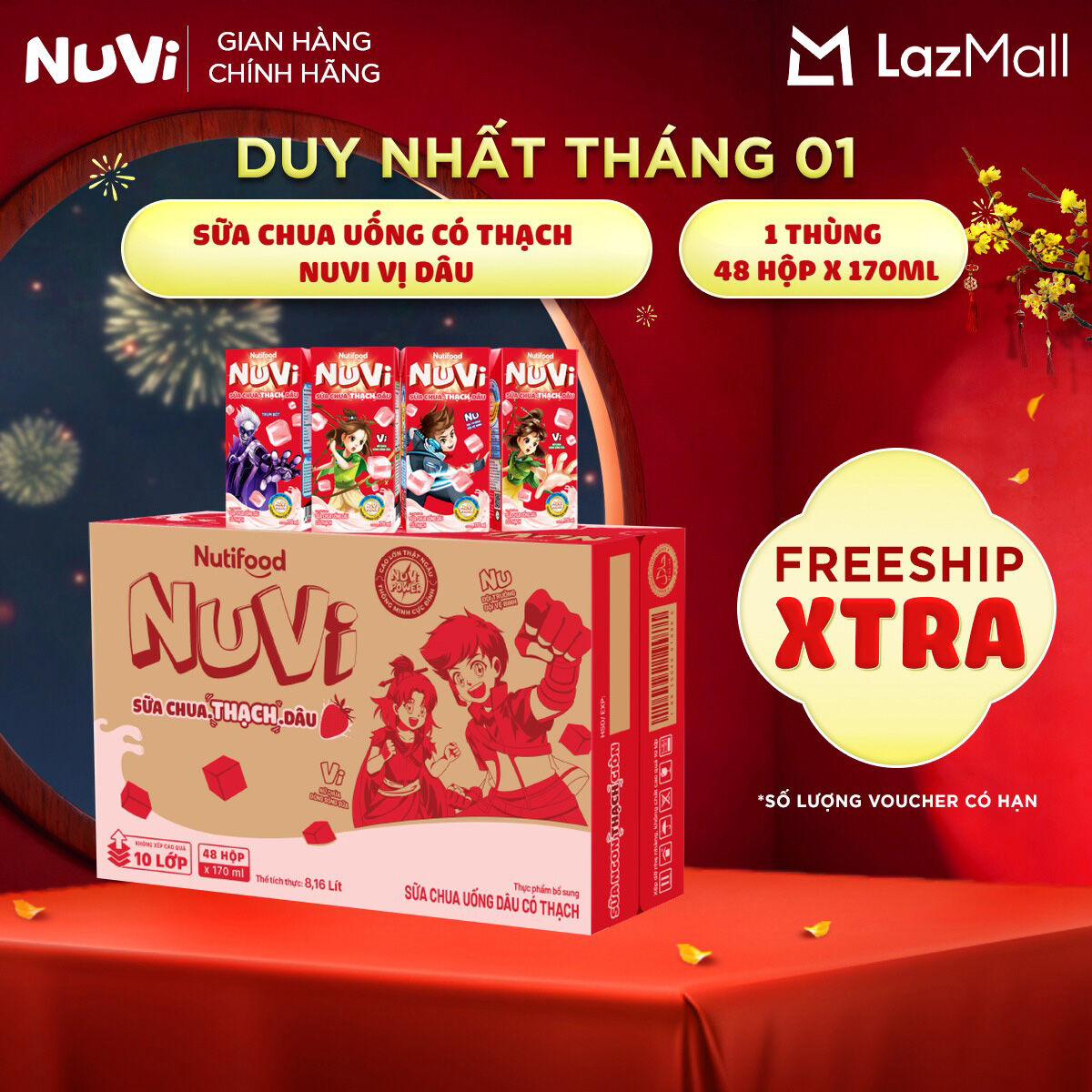  Thùng 48 Hộp Sữa Chua Uống Có Thạch NuVi Vị Dâu 170ml 