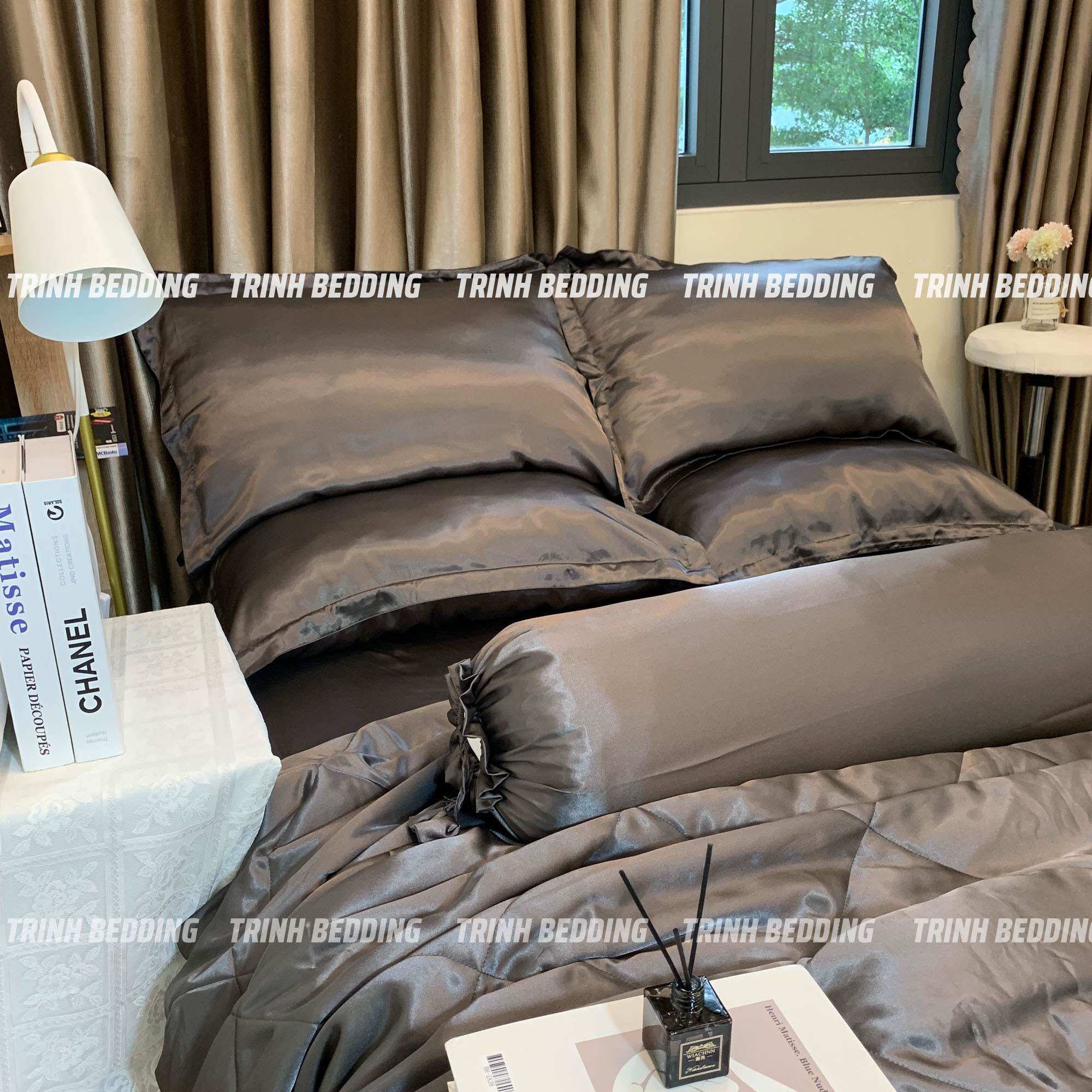 Bộ Ga giường Phi lụa lạnh mịn mát Trinhbedding nệm cao 20-30cm ( 1 ga 2 vỏ nằm 1 vỏ ôm)