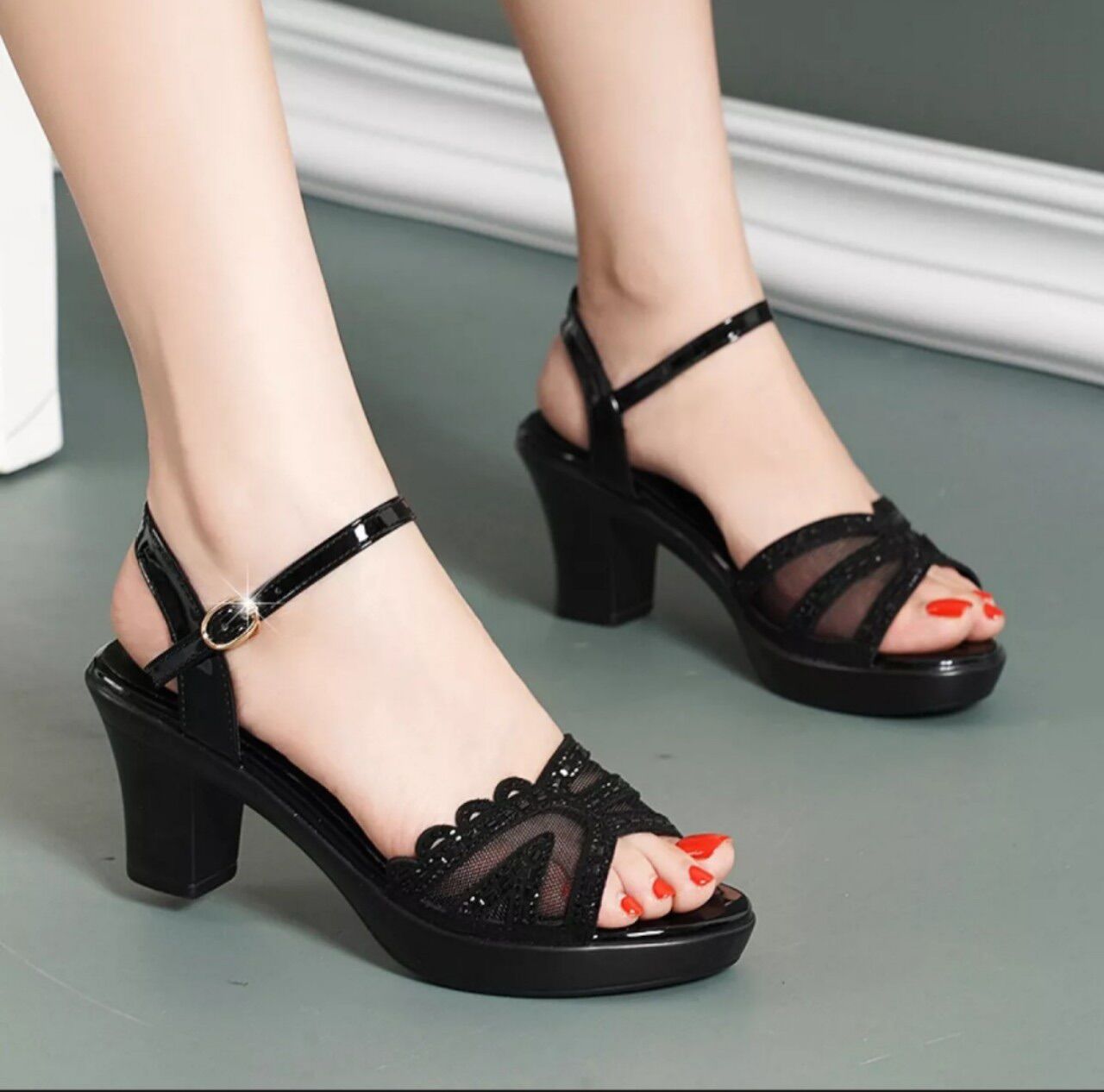Giày sandal gót vuông đính đá cao 7p 1@@@@