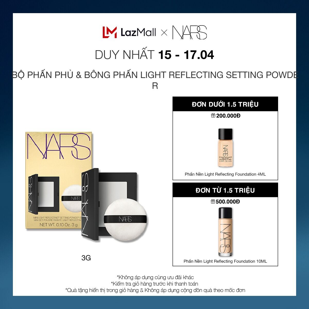 [15-17.04 | QUÀ TẶNG ĐẾN 500K] Bộ phấn phủ dạng nén & bông phấn NARS Mini Light Reflecting Setting Powder Set 3g