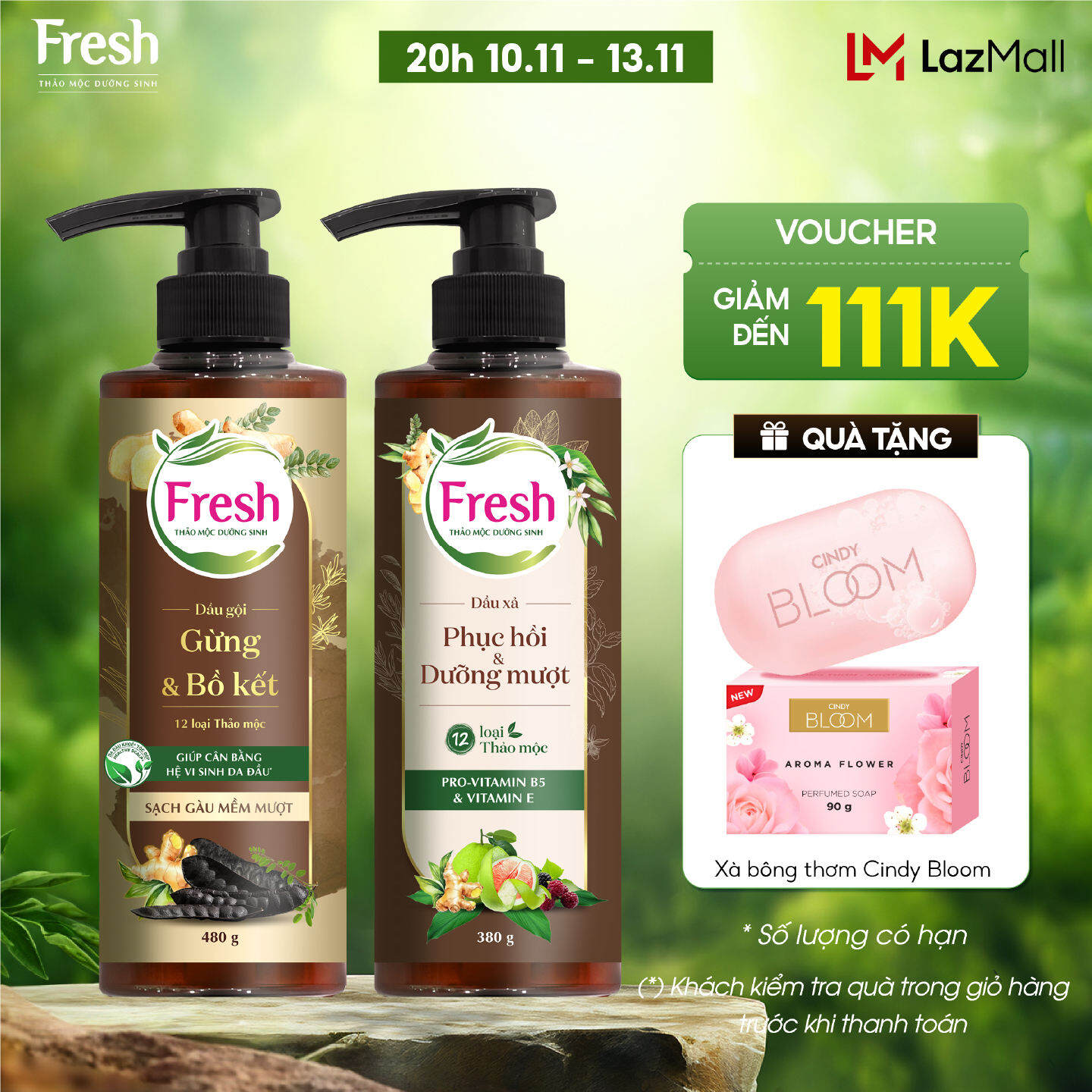 Combo Dầu gội + Dầu xả Fresh Thảo mộc dưỡng sinh Sạch gàu mềm mượt 480g + Phục hồi và Dưỡng mượt tóc hư tổn 380g